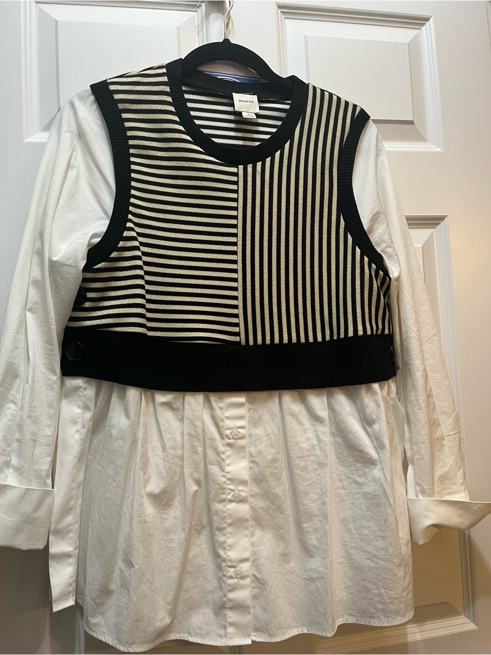 Maeve Black & Cream Striped Knit Vest Top